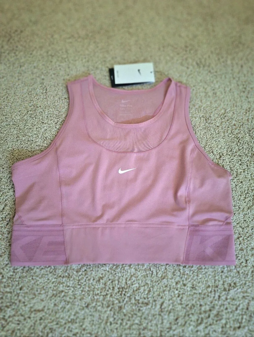 Nike Women's Pro Dri-FIT Cropped Dusty Pink Mesh Panels Cropped Tank Top Large
